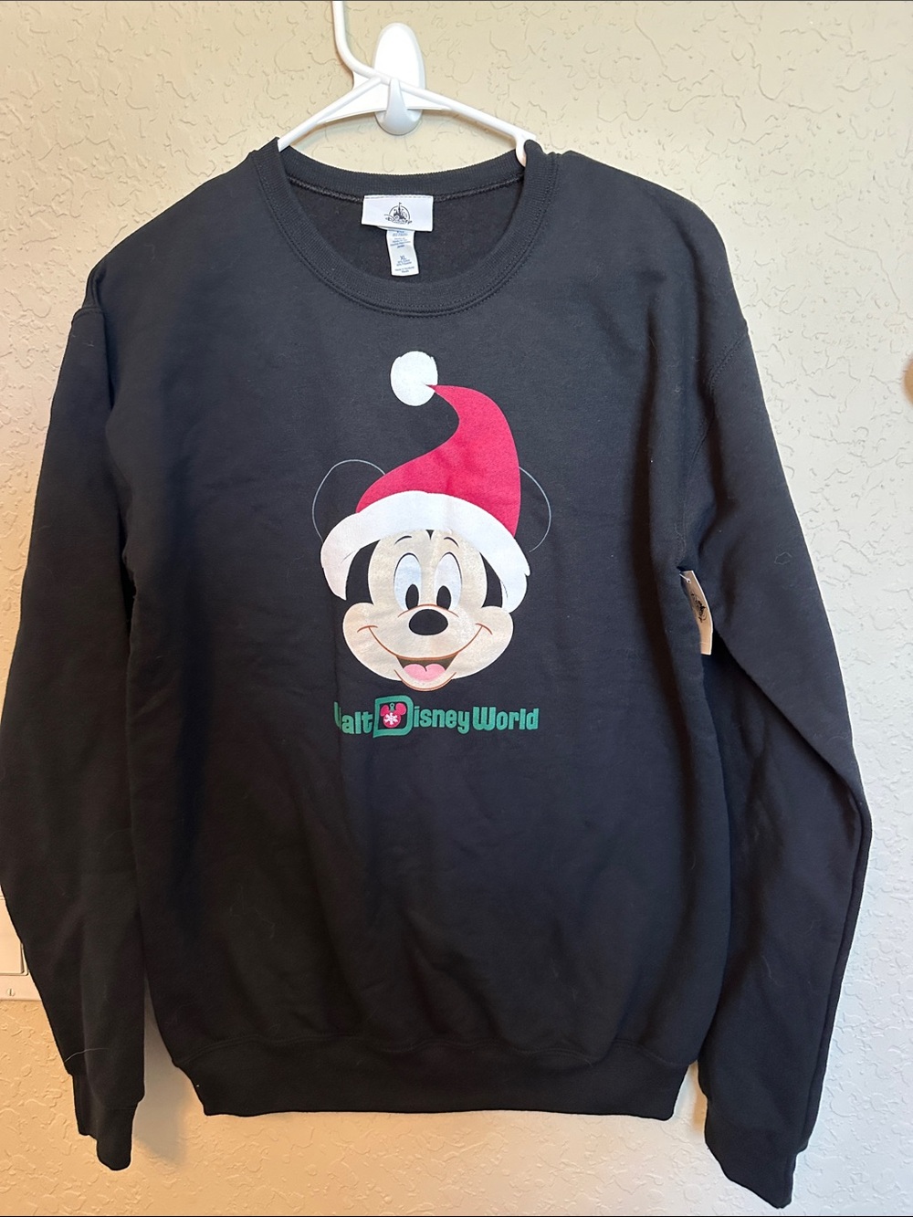 Disney Black Crewneck Sweatshirt with Red Santa Hat Mickey Graphic